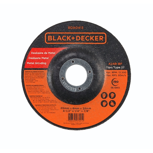 BLACK+DECKER BDA0413 metal grinding disc, orange black, front angle, photography