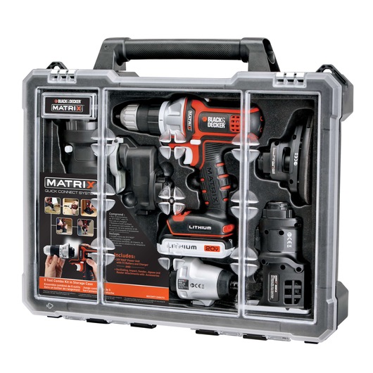 BLACKDECKER BDCDMT1206KITC 6-tool combo kit with cordless drill, attachments, and storage case, front angle on white.