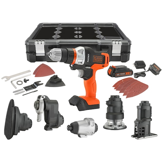 Photo of BLACKDECKER BDCDMT1206KITC 20V cordless drill set with multiple attachments, accessories, storage case, and battery.