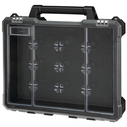 BLACKDECKER BDCDMT1206KITC black plastic tool case, clear front, photography, front angle