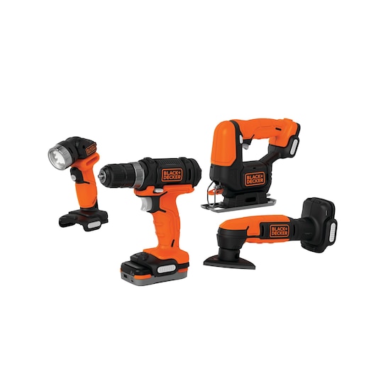 Photo of BLACKDECKER BDCK502C1 cordless tool set, includes drill, jigsaw, detail sander, and flashlight, front angle.