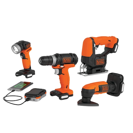Photo of BLACKDECKER BDCK502C1 power tool kit with drill, jigsaw, flashlight, sander, and battery charger.