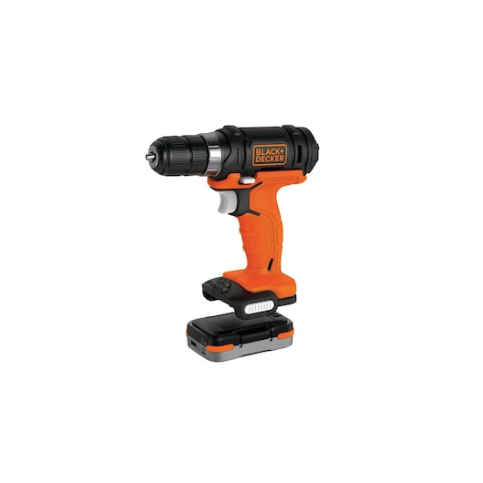 Photo of BLACK+DECKER BDCK502C1 cordless orange and black power drill, side angle on white background.