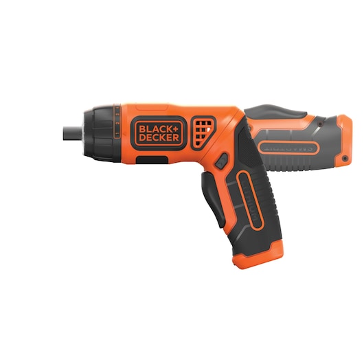 BLACKDECKER BDCS36F orange and black cordless screwdriver, side angle on white background.