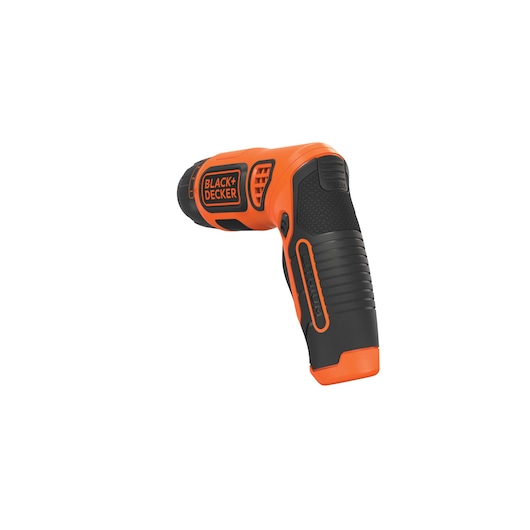 BLACK+DECKER BDCS36F cordless screwdriver, black and orange side angle on white background.