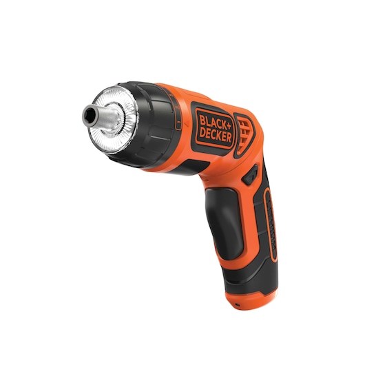 BLACK+DECKER BDCS36F cordless screwdriver, orange and black, side angle on white background.