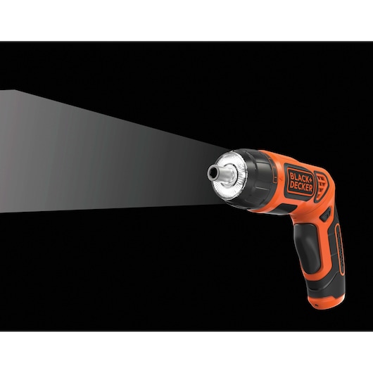 BLACKDECKER BDCS36F cordless screwdriver with LED light, side angle on black background.