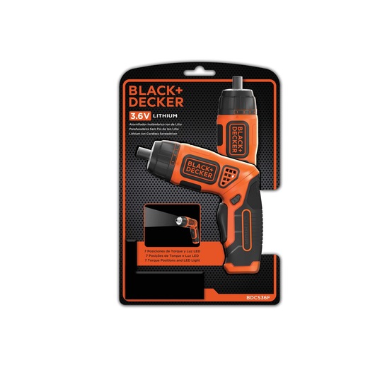 Photo of BLACK+DECKER BDCS36F cordless screwdriver in retail packaging, orange and black, with 3.6V lithium battery.