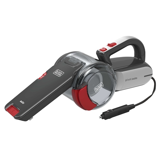 BLACKDECKER BDH1200PVAV handheld car vacuum, black and red, side angle on white background.