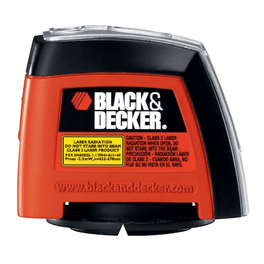 Photo of BLACK+DECKER BDL220S laser level tool, red and black, front view showing warning labels.
