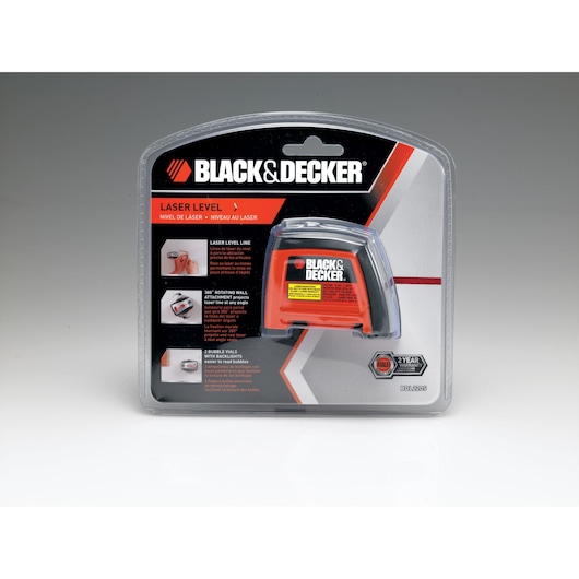 Photo of BLACKDECKER laser level BDL220S in retail packaging, orange and black, front angle.