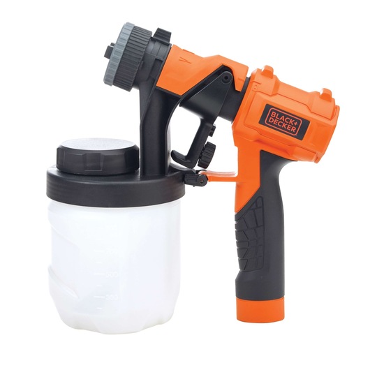 BLACKDECKER BDPH1200 handheld paint sprayer, orange and black, side view, photography product.