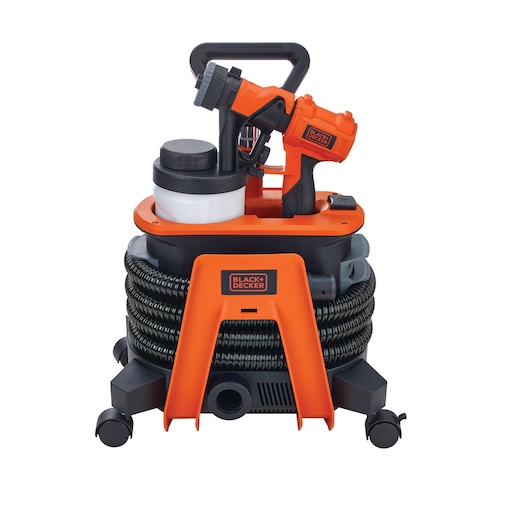 BLACKDECKER BDPH1200 orange and black paint sprayer with hose, photography, front angle on white background.