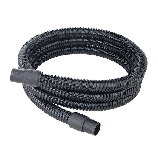 BLACKDECKER BDPH1200 black coiled vacuum hose with connectors, photography, front angle on white background.