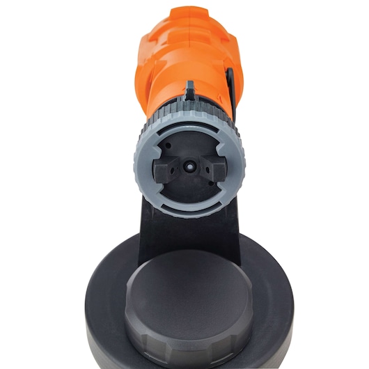Photo of BLACKDECKER BDPH1200 paint sprayer, front view, showing orange body and gray nozzle on white background.