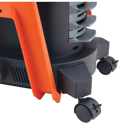 Photo of BLACKDECKER BDPH1200 photography equipment close-up showing black caster wheels and orange frame, white background.