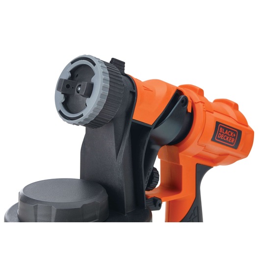 BLACK+DECKER BDPH1200 orange and black paint sprayer close-up on nozzle, white background.