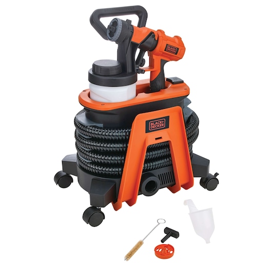 BLACKDECKER BDPH1200 paint sprayer cart, orange and black, with hose on wheels and accessories, front angle.