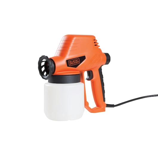 BLACK+DECKER BDPS130 orange electric paint sprayer with black grip, side angle on white background.