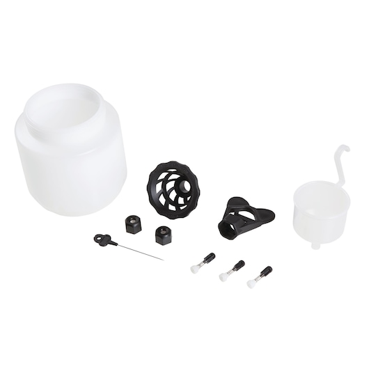 BLACKDECKER BDPS130 paint sprayer accessories kit, assorted parts, photography, top view, white background.