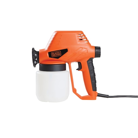BLACKDECKER BDPS130 paint sprayer, orange and black, side angle, with detachable white container.