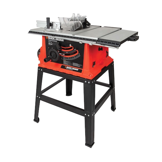 BLACKDECKER BDTS1800 table saw with metal stand, red and black, angled frontal view, power tool.