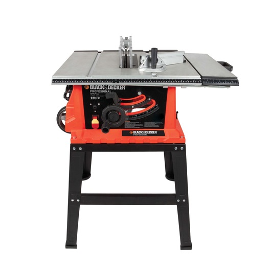 BLACKDECKER BDTS1800 table saw with orange and black frame, front angle, white background.