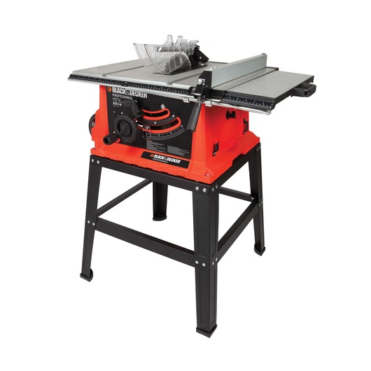 BLACKDECKER BDTS1800 table saw with stand, shown from front angle, orange and black color.