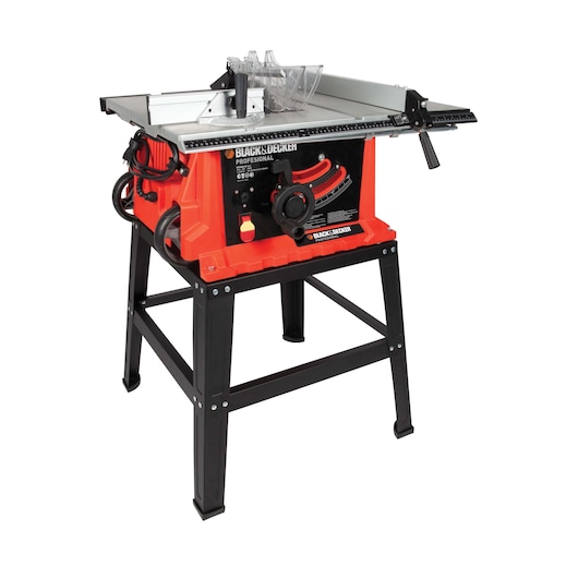 BLACKDECKER BDTS1800 table saw with red and black frame, front angle on white background.