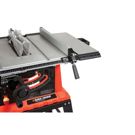 Photo of BLACK+DECKER BDTS1800 table saw with red and black base, side angle on white background.