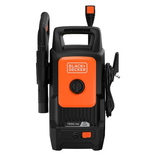 Front view of a BLACK+DECKER BEPW1300 pressure washer in black and orange colors, with a handle, hose, and attachment slots visible, showing the brand logo and specifications of 1300 PSI and 90 BAR.