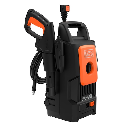 BLACK+DECKER BEPW1300 pressure washer in black and orange colors, featuring a sturdy handle, attached hose and spray gun, and labeled front panel with 1300 PSI and 90 BAR specifications.