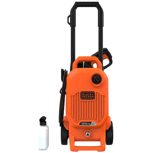 BLACKDECKER BEPW1800T orange pressure washer front angle with hose and detachable bottle.