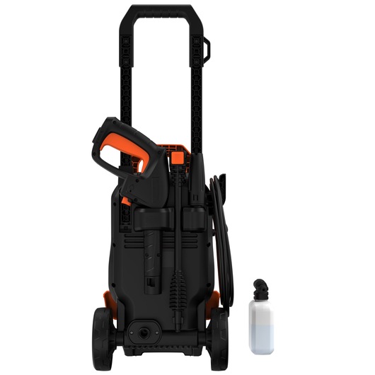 BLACKDECKER BEPW1800T pressure washer front view with black and orange body, hose, and detergent bottle.