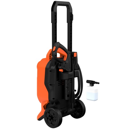 BLACKDECKER BEPW1800T pressure washer with trolley handle, black and orange, front angle, soap bottle accessory.