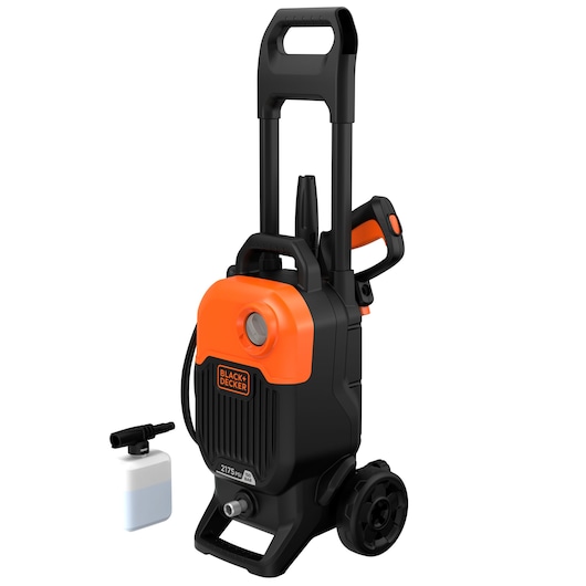 BLACKDECKER BEPW2200 pressure washer in black and orange with ergonomic handle, wheels, and soap dispenser, front angle.