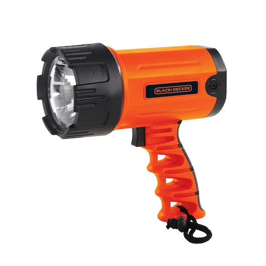 Photo of BLACK+DECKER BSL100 orange and black handheld spotlight with ergonomic grip, side angle on white background.