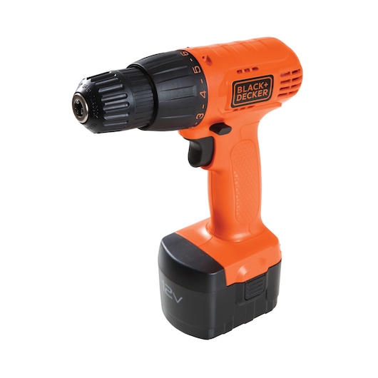 BLACKDECKER CD121K100 cordless orange drill, side angle, black grip and battery, product photography.