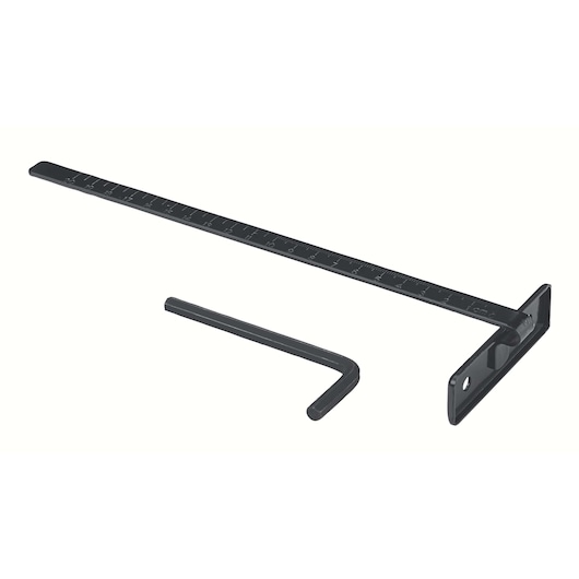 BLACKDECKER CS1004 photography of metal guide ruler and hex key on white background, top angle.