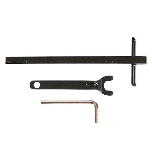 BLACKDECKER CS1004 tool set with ruler, spanner, and hex key, white background, top view