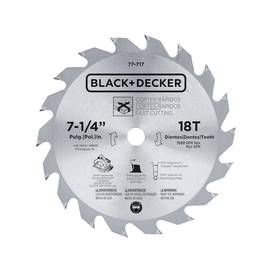 BLACK+DECKER CS1004 circular saw blade, 7-1/4 inch, 18 teeth, silver, front angle, photography.