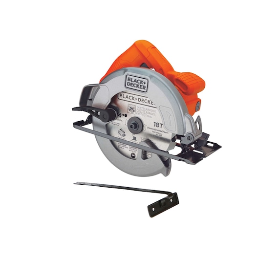 BLACKDECKER CS1004 circular saw with orange handle, 18T blade, side angle on white background.