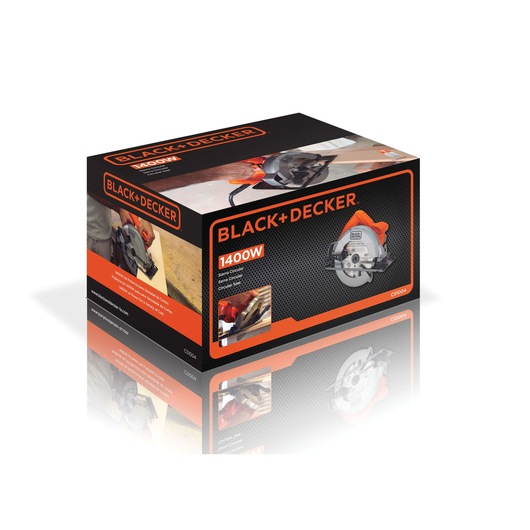 BLACK+DECKER CS1004 circular saw 1400W packaging, photo of box showing product image and details on white background.