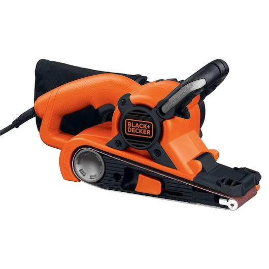 Photo of BLACKDECKER DS321 orange and black belt sander with dust bag, side angle, on white background.
