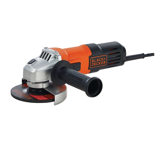 BLACKDECKER G650 angle grinder, orange and black body, side handle, front angle on white background.