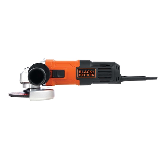 BLACK+DECKER G650 angle grinder, orange and black, side view, on white background.