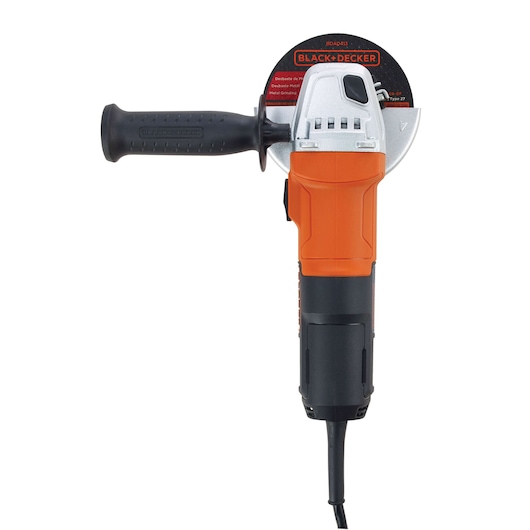 BLACKDECKER G650 angle grinder front view, orange and black body, side handle, photography