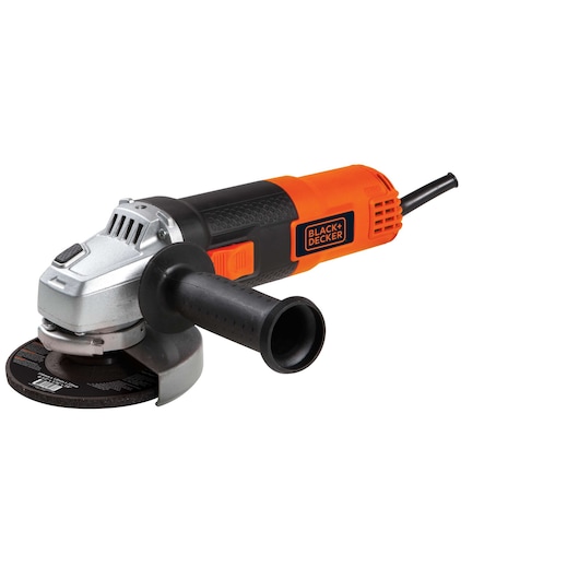 BLACKDECKER G720K12 angle grinder with orange and black body, side handle, front angle, white background.