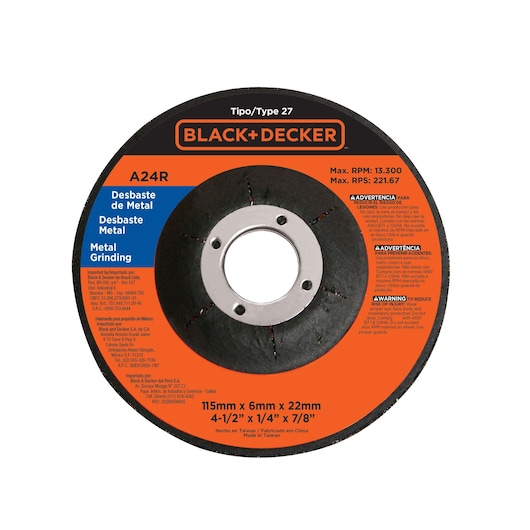 BLACKDECKER G720K12 metal grinding wheel, 115mm x 6mm x 22mm, front angle, orange and black label.