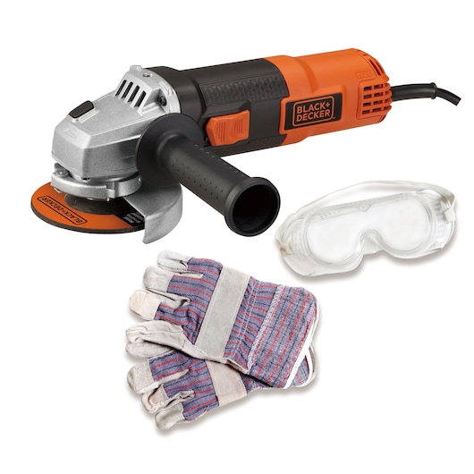 BLACK+DECKER G720K angle grinder kit with gloves and safety goggles, front angle on white background.